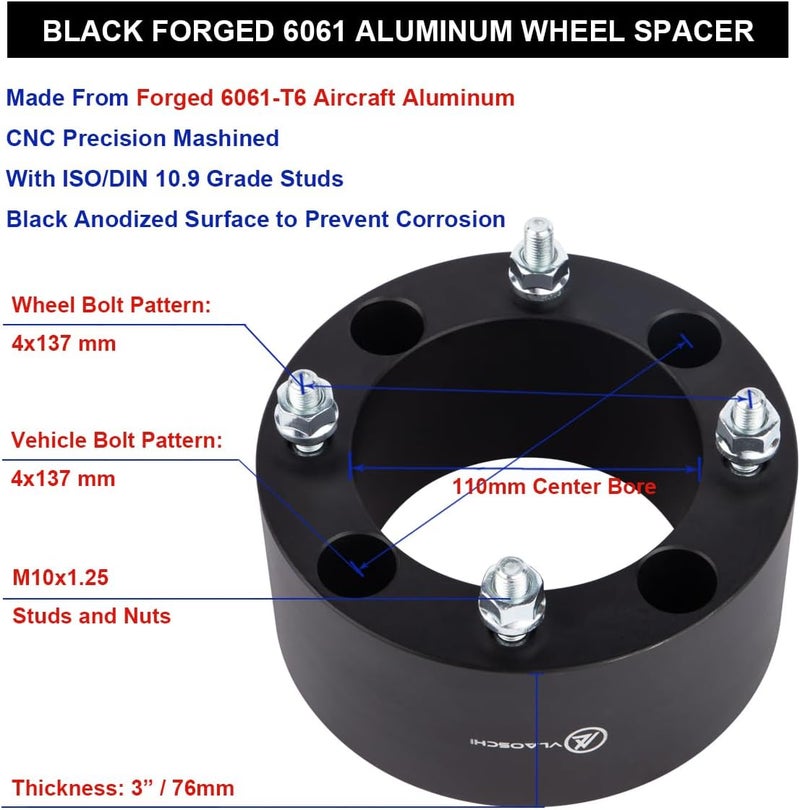 VLAOSCHI Black Forged 4x137 ATV Wheel Spacers 3 Inch with 12x1.5 Studs Compatible with Honda Can-Am 4 Lug for 2019-2022 Talon 1000R 1000X | 2016-2022 Pioneer 1000 | 2017-2022 Maverick X3 - Pack of 2 - Image 5